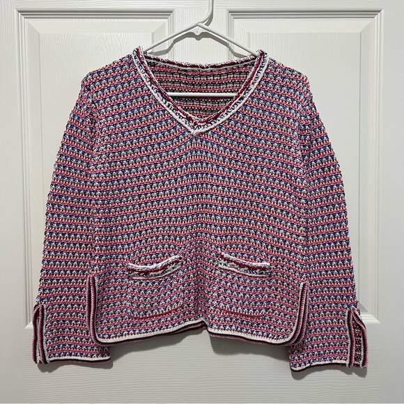 CHANEL Multi-Colored Tweed V Neck Sweater